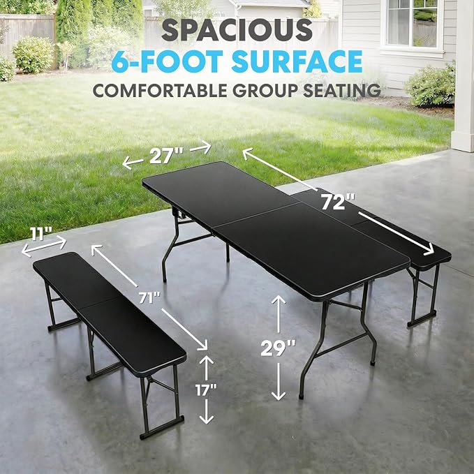 Simpli-Magic 6 Foot Folding Picnic Table Set with 2 Benches Portable Indoor Outdoor Camping Table for Working Meeting Party Picnic Weddings with Handle and Safety Locks Black