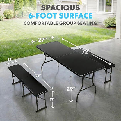 Simpli-Magic 6 Foot Folding Picnic Table Set with 2 Benches Portable Indoor Outdoor Camping Table for Working Meeting Party Picnic Weddings with Handle and Safety Locks Black
