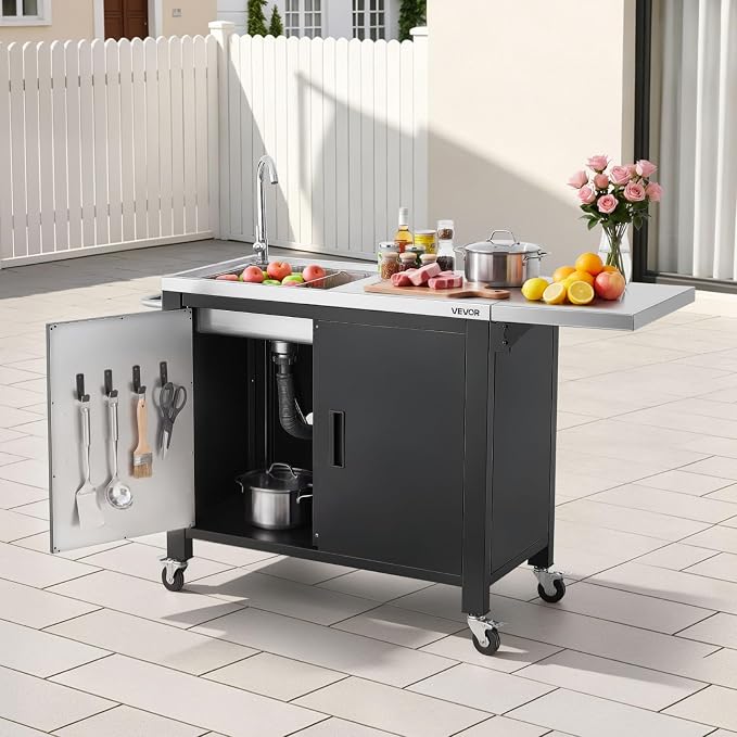VEVOR Outdoor Grill Cart with Sink and Storage Cabinet, 52 Inch Grill Table, Waterproof Kitchen Island with Stainless Steel Top, Spice Rack, Wheel, Movable Food Prep Station for Patio Bar Backyard BBQ