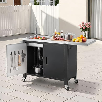 VEVOR Outdoor Grill Cart with Sink and Storage Cabinet, 52 Inch Grill Table, Waterproof Kitchen Island with Stainless Steel Top, Spice Rack, Wheel, Movable Food Prep Station for Patio Bar Backyard BBQ
