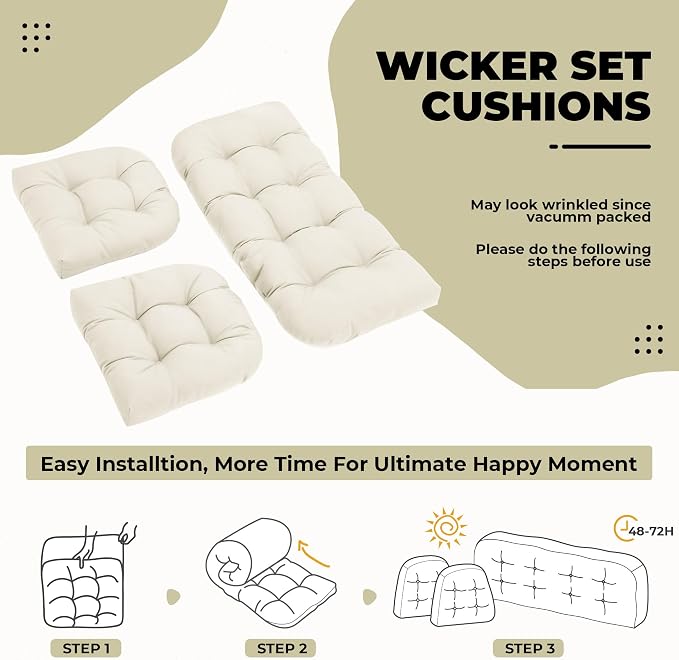 DANGHOOGY Wicker Chair Cushions, Waterproof Outdoor Loveseat Cushions for Patio Furniture, 3 Pieces Wicker Furniture Cushions, 1 Loveseat and 2 U-Shaped Cushions, Cream