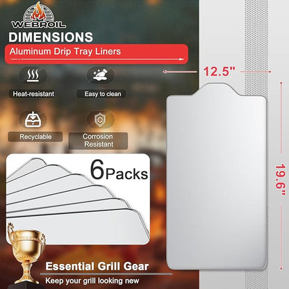 6 Packs BAC408 Drip Tray Liners for Traeger Tailgater 20 Series Grills, Heat-Resistant Foil Liners Replacement for Traeger Tailgater Accessories, Aluminum Tray for Catching Grease 19.6" x12.5"