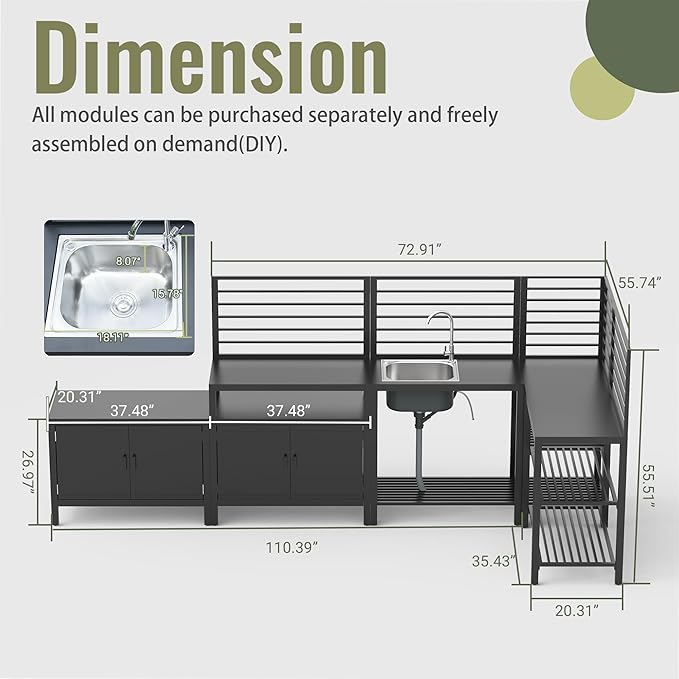 Domi Outdoor Kitchen Island, 5-Piece Modular Kitchens Counter with Whole Aluminum Finish & Shelf & Wall Hanging & Countertop & Sink & Storage Box & Cover, Kitchen Series for Deck Patio, Dark Gray