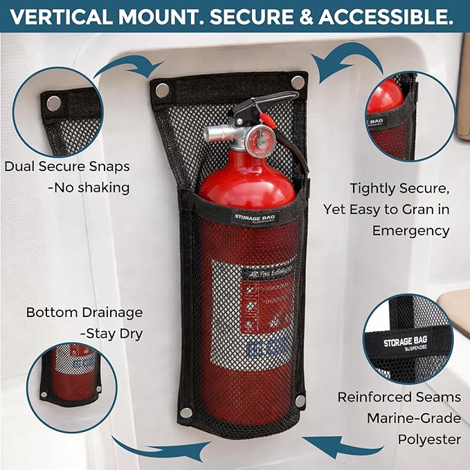 Marine Mesh Single Pocket Boat Gear Storage Bag, Black Fabric Marine Fire Extinguisher Holder, Screw Snap Mount (Black, Medium)