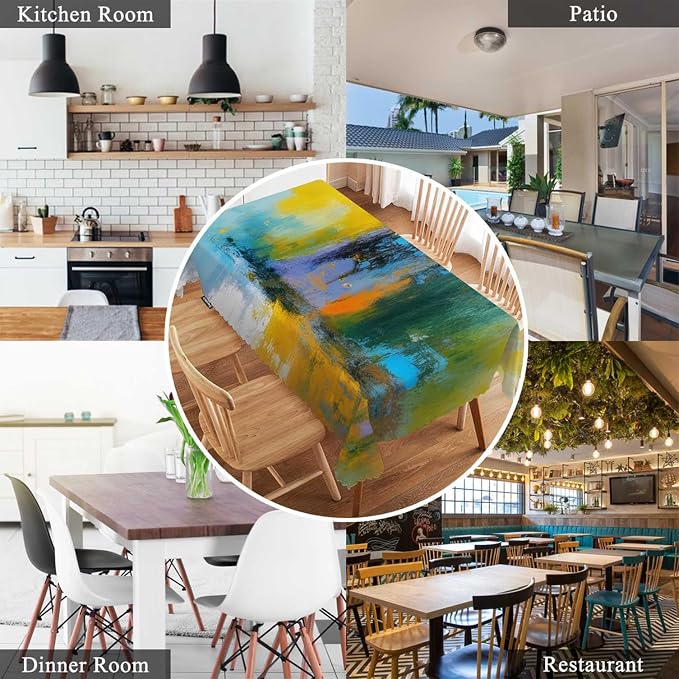 Swono Abstract Painting Table Cloth Sun Ball Yellow Turquoise Rectangle Tablecloth Picnic Table Cover BBQ Table Cloths Polyester for Kitchen Parties Patio and Camping 50x72 Inch