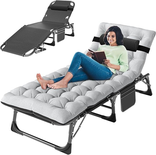 ABORON 3-in-1 Folding Patio Lounge Chair, 440LB Heavy-Duty Tri-Fold Guest Bed with Plush Cotton Cushion, No Assembly Adjustable Recliner for Office Nap, Patio Sunbathing, Poolside & Camping