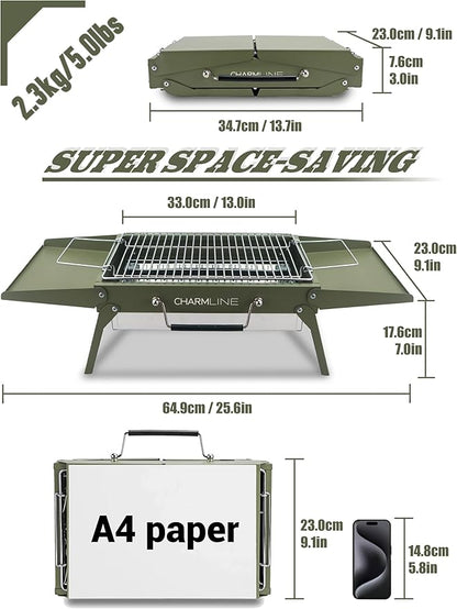 Charmline 14x9inch Small Foldable Portable Charcoal Grill, Charcoal Grills for Camping, Picnics, Gardens and Beach Parties, Green, With 32x20in Fireproof Mat