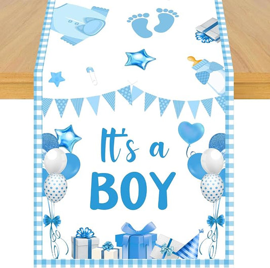 It’s A Boy Theme Table Runner, Blue Linen Fabric Table Runner for Everyday Use 72 x 13 Inches, Washable Table Cover for Baby Shower Indoor Outdoor Kitchen Dining Table Decorations