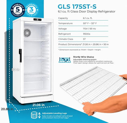 GRS Commercial Display Refrigerator, Glass Door Lock, Silver, 6.0 Cu. Ft
