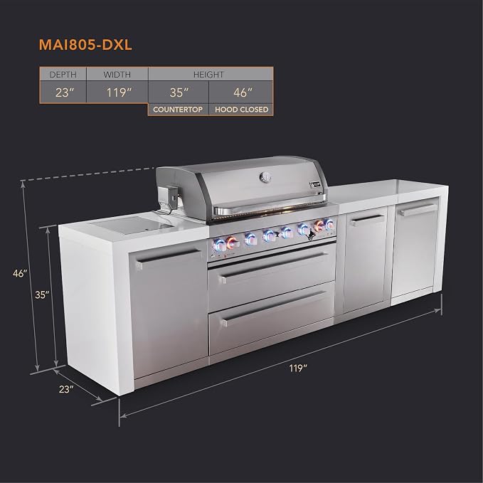 Mont Alpi Deluxe 119"W x 23"D x 46"H Stainless Steel Modular Outdoor Kitchen Island with Side Burner + 44"W 6-Burner BBQ Grill + White Granite Countertops & Sides + Storage Cabinets + Drawers + Cover