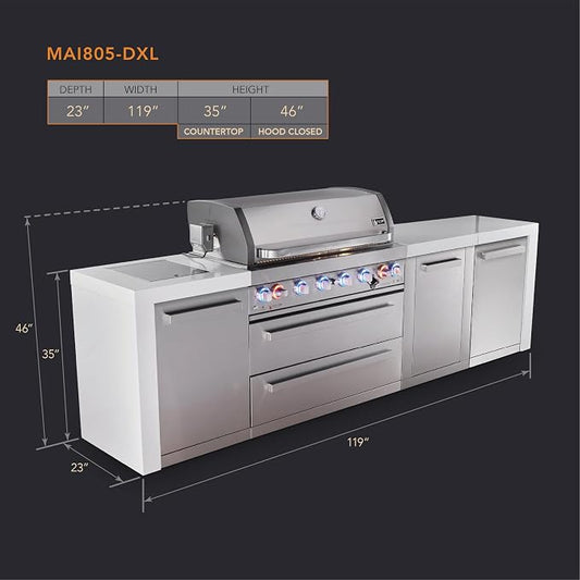 Mont Alpi Deluxe 119"W x 23"D x 46"H Stainless Steel Modular Outdoor Kitchen Island with Side Burner + 44"W 6-Burner BBQ Grill + White Granite Countertops & Sides + Storage Cabinets + Drawers + Cover