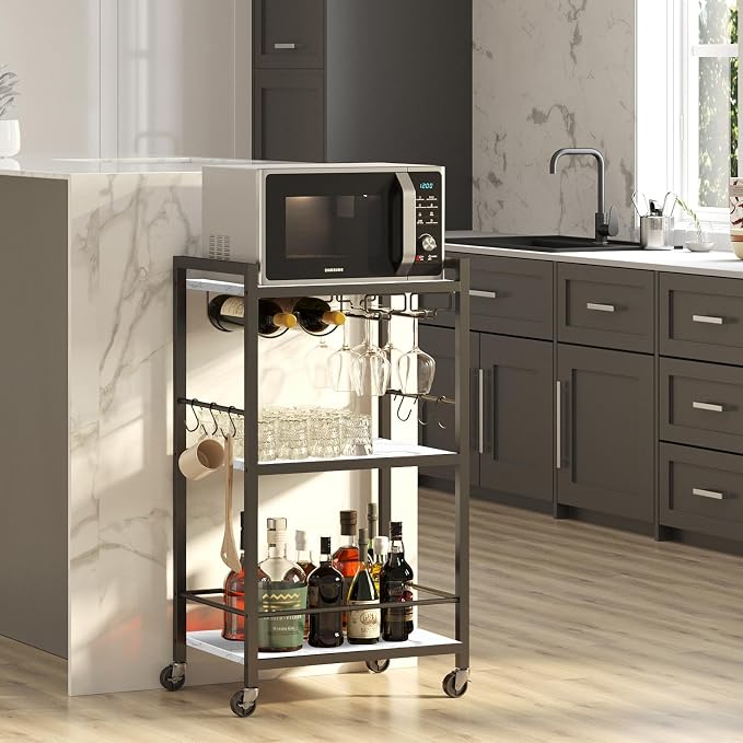 TUTOTAK Bar Cart with Wheels, Drink Cart with Wine Rack and Glass Holder | 3-Tier 17 Inch Wide Home Bar Serving Carts, Small Mobile Kitchen Shelf with 6 Hooks, Marble White BC01BM032