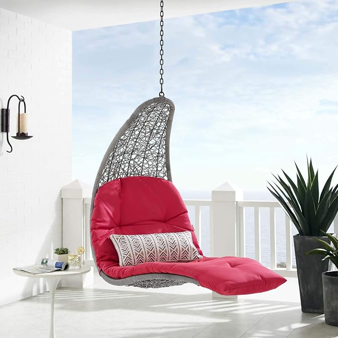 Modway Landscape Wicker Rattan Outdoor Patio Porch Chaise Lounge Hanging Swing Chair in Light Gray, Red