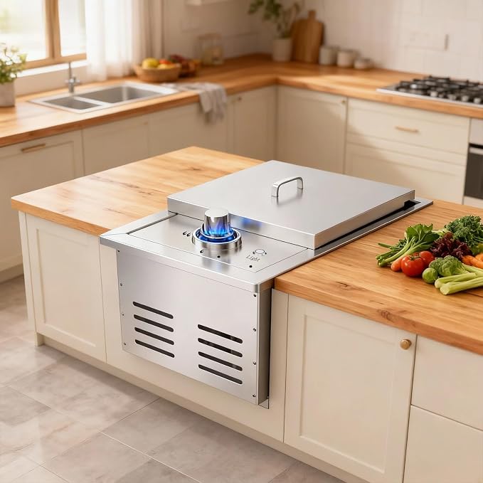 Propane Stove – 17,000 BTU Single Burner,Side Burner for BBQ Island,Comes with Propane Stove Lid,LED Light & Conversion Kit for Natural Gas.Portable Cooktop Ideal for Outdoor Kitchen Island.