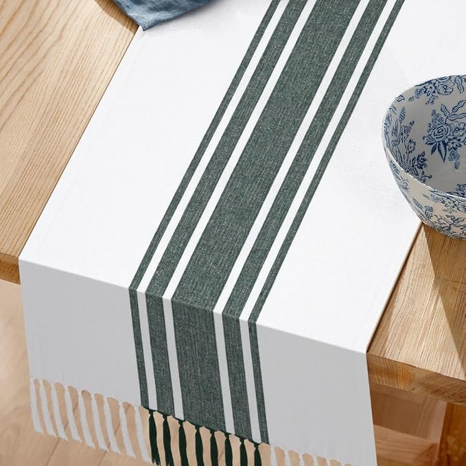 Table Runner 100% Cotton 14x72 Inch - Soft Durable Washable, for Parties Holidays Weddings Kitchen and Everyday Use - 72 Inches Long Farmhouse Rustic Table Runner Green