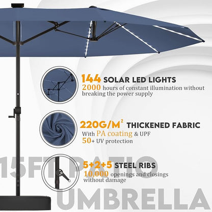 GDPFN 15ft Large Patio Umbrella with Solar Lights, Outdoor Double-Side Rectangular Umbrella with Base Included, Backyard Pool Umbrella with LED Light for Deck, Outside, Market, Navy