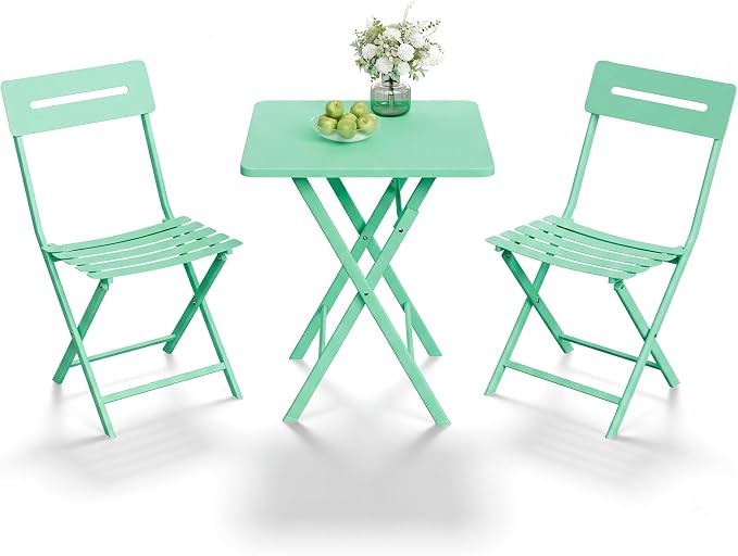 Garvee 3PCS Bistro Set, Folding Patio Furniture Set w/ 2 Chairs,Solid Steel | Foldable space-saving bistro set, fully pre-assembled for instant use. Powder-coated weatherproof steel frame. Easy-clean