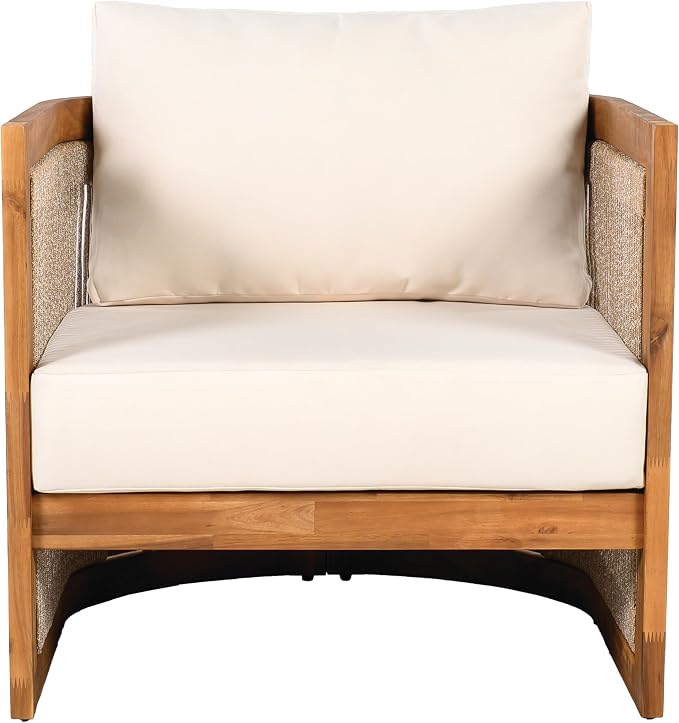 Christopher Knight Home Dora Set of 2 Patio Club Chair with Cushions, Acacia Wood Lounge Chair Outdoor, Woven Accents, Curved Design Side Chair for Balcony Backyard Garden Poolside, Beige + Teak