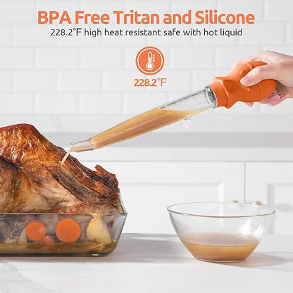 U-Taste 1.5oz Angled Turkey Baster - 228.2ºF Heat Resistant Food Grade Tritan and Silicone Large Octopus Bulb Baster Set with Cleaning Brush for Cooking Basting Meat Poultry Beef Chicken (Orange)