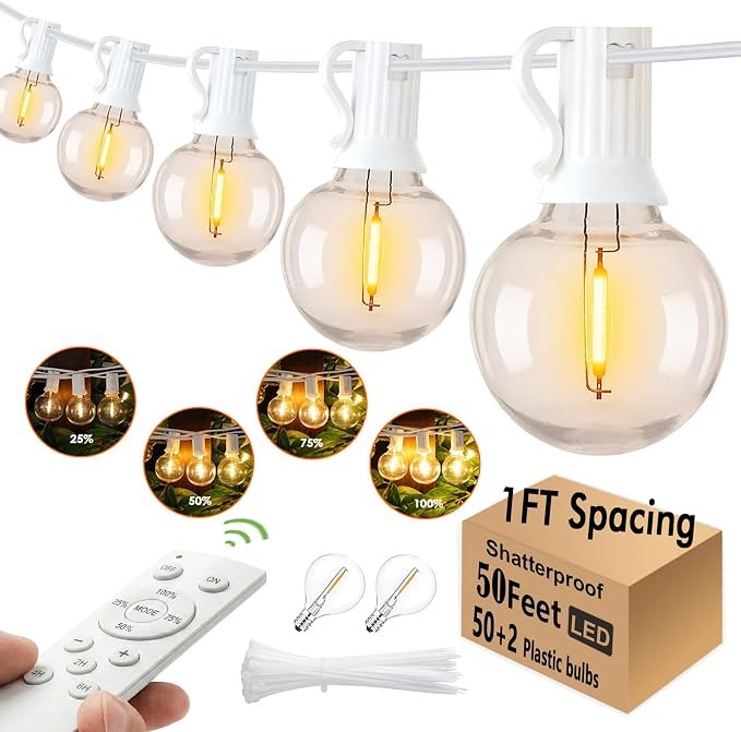 G40 Globe String Lights 50FT with 50+2 Bulbs,Remote Controlled Party lights | 1ft spacing,2200K Warm White,Dimmer/Timer included, Bistro Lights with 3 Light Modes & Memory function