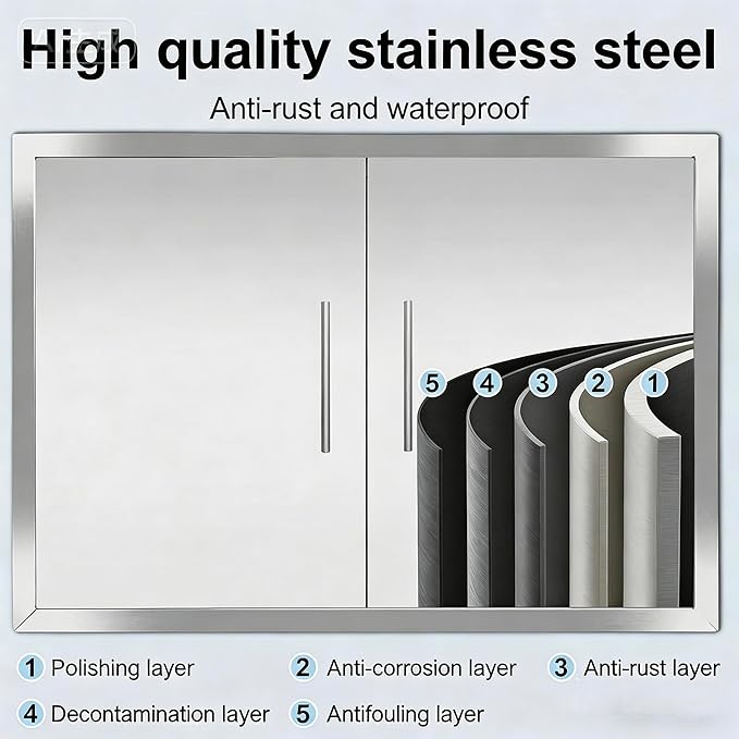 Outdoor Kitchen/BBQ Access 37.4" W X 26.3" H Double Doors,Thickened 304 Stainless Steel Flush Mount Outdoor Kitchen Accessories Door for Indoor/Outdoor Kitchen Outdoor Cabinet BBQ Island