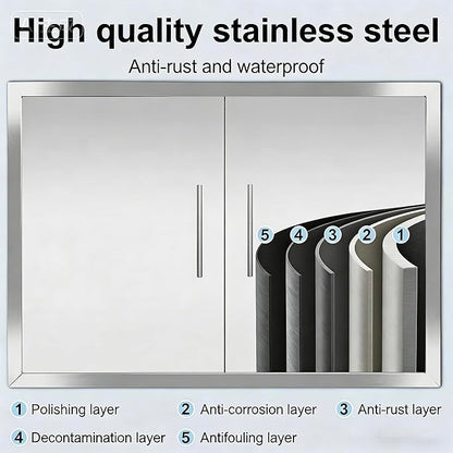 Outdoor Kitchen/BBQ Access 37.4" W X 26.3" H Double Doors,Thickened 304 Stainless Steel Flush Mount Outdoor Kitchen Accessories Door for Indoor/Outdoor Kitchen Outdoor Cabinet BBQ Island