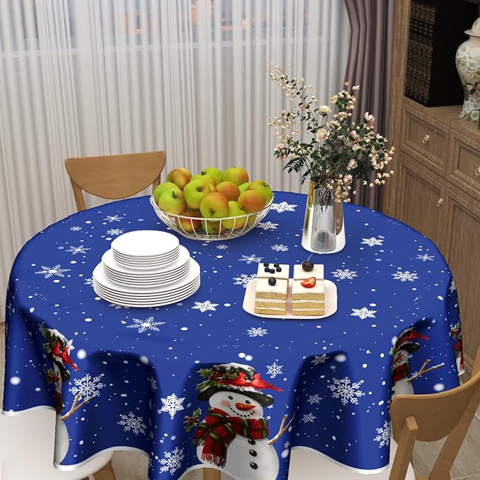Sweetshow Xmas Snowman Blue Table Cloth Round Winter White Snowflakes Tablecloth 70 Inch Decor Washable Stain and Wrinkle Resistant Winter Round Table Cover for Dining Picnic