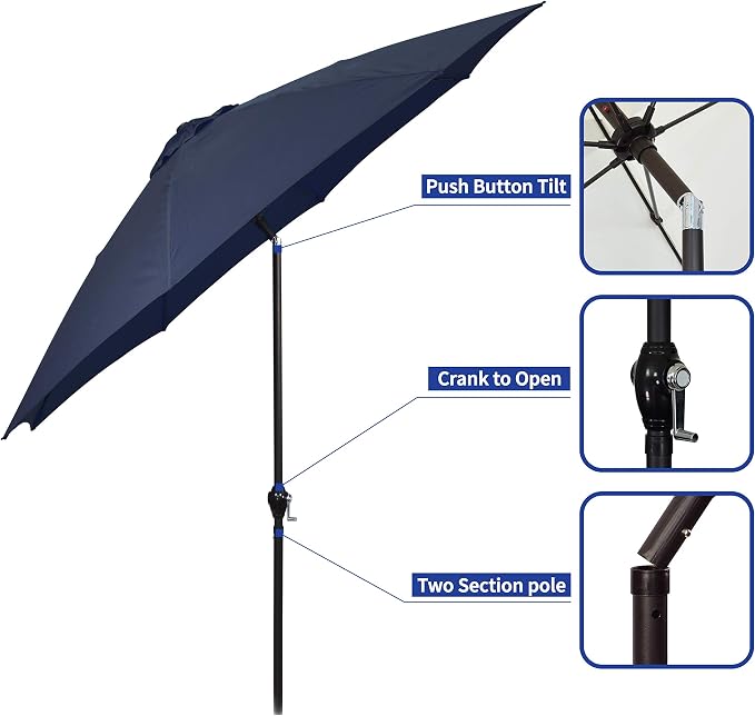 Sunline 9 ft Patio Umbrella with Crank & Push Button Tilt, Outdoor Market Umbrella with UV Protection & Wind Vent and Fiberglass Ribs, Metal Frame for Deck, Pool & Table, Navy Blue