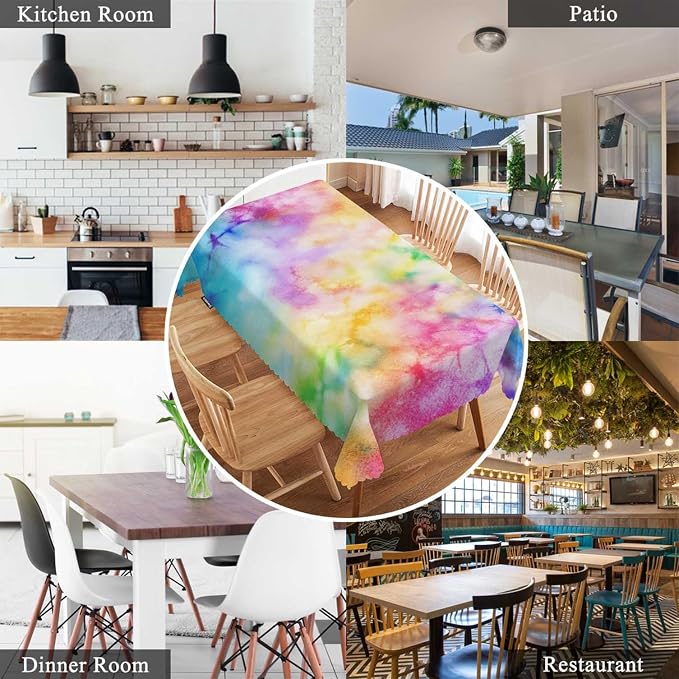 Swono Rectangle Tablecloth Tie Dye Table Cover 52x70 Inch Rainbow Splash Tie Dye Pattern Heavy Duty Table Cloth for Rectangle Tables Decorative Tablecloth for Dining Party Camping BBQ