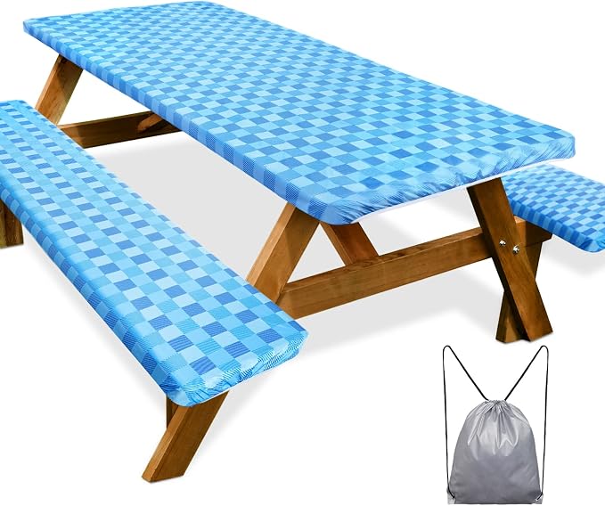 Picnic Table Cover with Bench Covers Camping Essentials Waterproof Windproof Camping Tablecloth with Drawstring Bag, Fitted Rectangle Tables and Seats, 72in, Blue | Waterproof Vinyl for Outdoor, Windproof Elastic Fitted Edges, RV BBQ Accessories Must H...