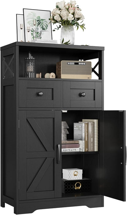 Befrases Black Storage Cabinet with Drawers and Shelves, Freestanding Black Kitchen Pantry, Floor Storage Cabinet Hutch Cupboard for Dining, Living Room, Home Office