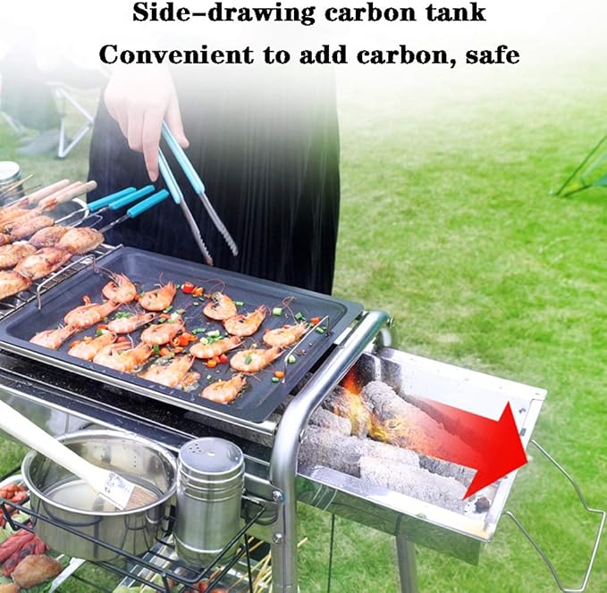 Barbecue Grill Charcoal,Outdoor Portable Stainless Steel Charcoal Grill, Home Barbecue Cooking Tools, with Hanging Basket, Storage Rack (Color : Silver, Size : 67 * 30 * 81cm)
