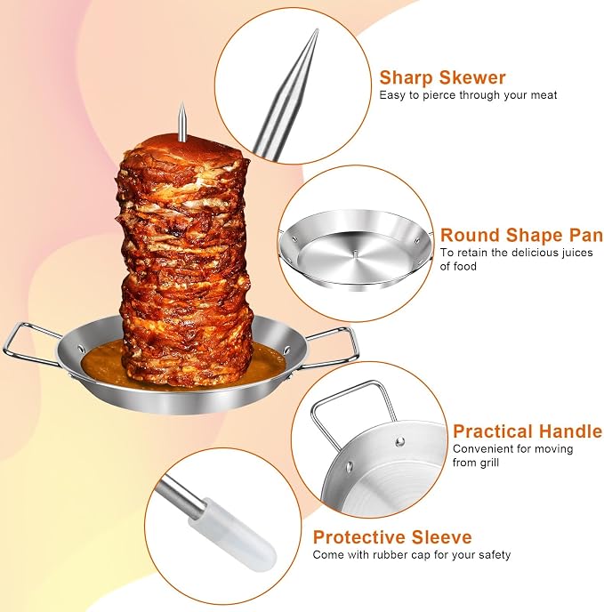 Al Pastor Skewer for Grill, 10 Inch Gyro Pan with Fat Separator | Brazilian Spit Stand with 5 Spikes & 2 Brushes, Stainless Steel Vertical Sticks for Tacos, Shawarma, Chicken on Smoker Oven