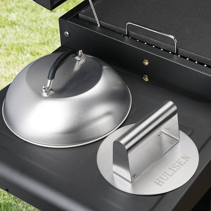 HULISEN 9" Cheese Melting Dome & 6.2" Smashed Burger Press Kit | Grill Press with Basting Cover, Stainless Steel Burger Smasher, Griddle Accessories Kit for Flat Top Grill Cooking