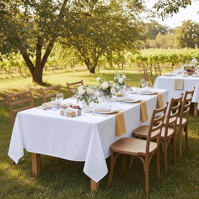 sancua Rectangle Tablecloth, 60 x 84 Inch, White | Stain and Wrinkle Resistant, Washable Polyester Cloth, Decorative Fabric Cover, For Dining Tables, Buffet Parties and Camping