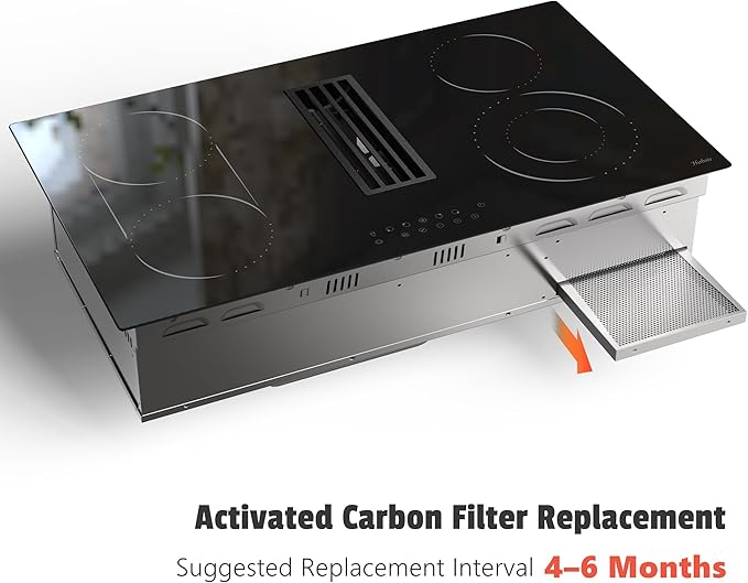 Hobsir 36 Inch Electric Cooktop with Downdraft Extractor, 4 Burners Glass Radiant Stovetop 7400W, 9 Power Levels, Cook top with BBQ, Timer, Pause, Safety Lock, 240V(No Exhaust Pipe Required)