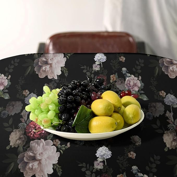 Vintage Florals Tablecloth, Black Pink Garden Gothic Flowers Rustic Roses Boho Botanical Plant Water Resistant Wipeable Table Cover for Picnic Party Holiday Kitchen Dinner Table 60"x90"