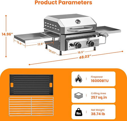 Cowsar Premium Dual-Burner Tabletop Gas Grill | 16,000 BTU Portable Propane Grill with 304 Stainless Steel & Dual Side Shelves – Compact Outdoor BBQ for Patio, Camping, and Backyard Grilling