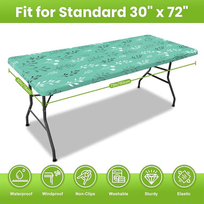 Smiry Spandex Fitted Tablecloth for 6 Foot Rectangle Tables, Washable Picnic Table Cover with Elastic, Stretch Reusable Table Cloth for Outdoor, Camping, Dining & Kitchen (Sage Green Leaf, 30"x72")