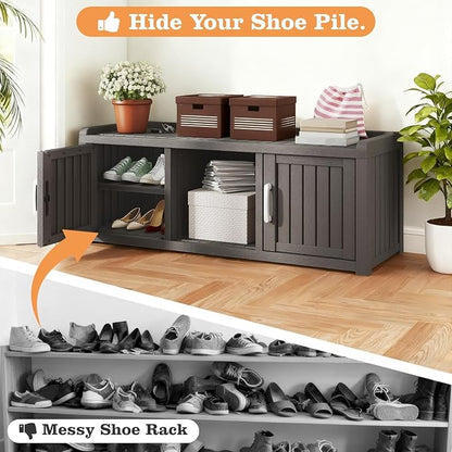 Outdoor Shoe Bench with Waterproof UV-Resistant Indoor Resin Shoe Cabinet Entryway Shoe Cabinet with 2 Doors or Entryway,Living Room,Bedroom,Black (2 Door)
