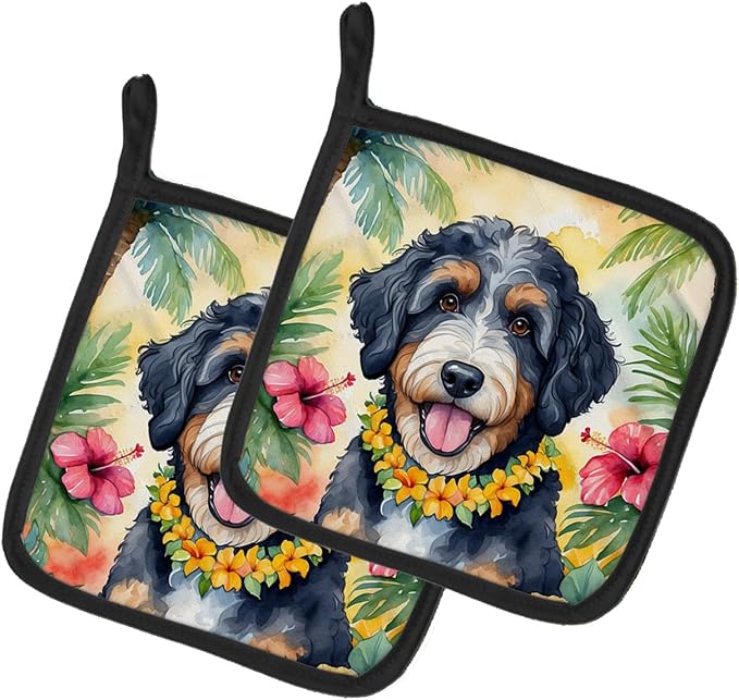 Caroline's Treasures Bernedoodle Luau Pair of Pot Holders Kitchen Heat Resistant Pot Holders Sets Oven Hot Pads for Cooking Baking BBQ, 7 1/2 x 7 1/2