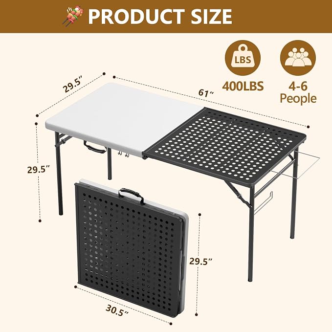 5FT Folding Table, Camping Table for Grill with Solid＆Metal Grid Grilling Surface, BBQ Prep Table Portable with Carry Handle for Party Cooking, Camping, Backyard, Beach and Patio Use