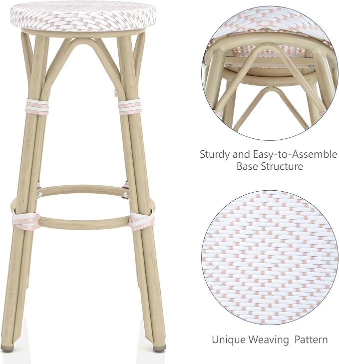 Seadrift Boho 30-inch Aluminum and All-Weather Wicker Barstools with Footrest, Patio Stools & Bar Chairs for Outdoor, Kitchen Counter, Poolside, Yard, Set of 2, White and Pink