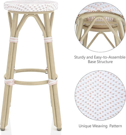 Seadrift Boho 30-inch Aluminum and All-Weather Wicker Barstools with Footrest, Patio Stools & Bar Chairs for Outdoor, Kitchen Counter, Poolside, Yard, Set of 2, White and Pink