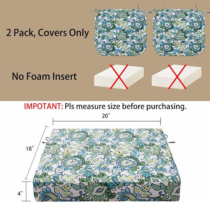 Magpie Fabrics Indoor Outdoor Cushion Cover Replacement 2 Pack, NO Insert! Water Repellent Slipcover with Ties Decor for Patio Garden Chair Seat Sofa Bench Wicker(Botanical Blue Green, 20x18x4 Inch)