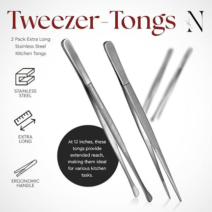 Namre Cooking Tweezer Chopstick Tongs, 2-Pack Stainless Steel, Silver | Ideal for plating, serving & precision cooking; slim chopstick-style design for delicate food handling
