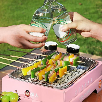 Portable Charcoal Grill, Compact Detachable Stainless Steel BBQ Smoker, Single Use Barbecue Grill for Outdoor Camping, Easy to Carry and Clean (Pink (containing 30 Charcoal))