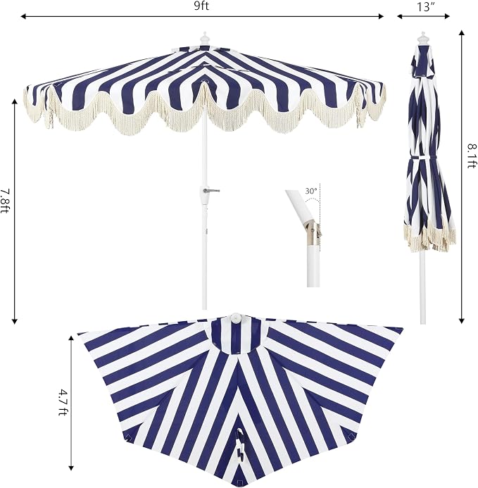 JONATHAN Y Beverly 9 ft. Striped Half Umbrella, Navy/White | Coastal Scalloped Fringe, Crank Lift, 30 Degree Manual Tilt, UV 50 Fabric Canopy, Aluminum Frame, Space Saving Design