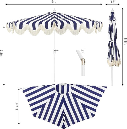 JONATHAN Y Beverly 9 ft. Striped Half Umbrella, Navy/White | Coastal Scalloped Fringe, Crank Lift, 30 Degree Manual Tilt, UV 50 Fabric Canopy, Aluminum Frame, Space Saving Design