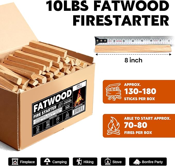 W&E Choice 10LB Fatwood Firestarter Wood Sticks | 100% Natural Kindling Dried Pine Fire Starters | Easy Ignition Firewood for Campfires, Fireplaces, BBQ, Stoves